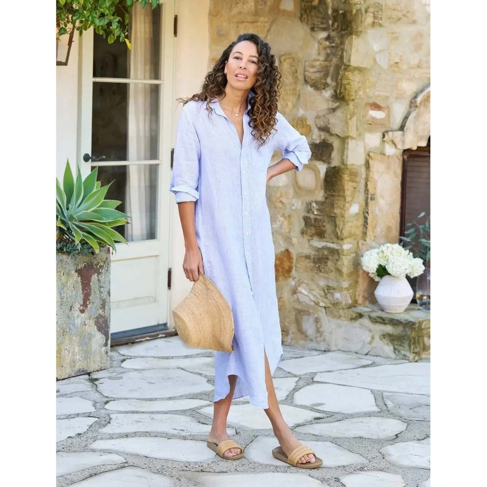Frank & Eileen Rory Linen Maxi Shirtdress Medium Blue White Stripe Button Dress